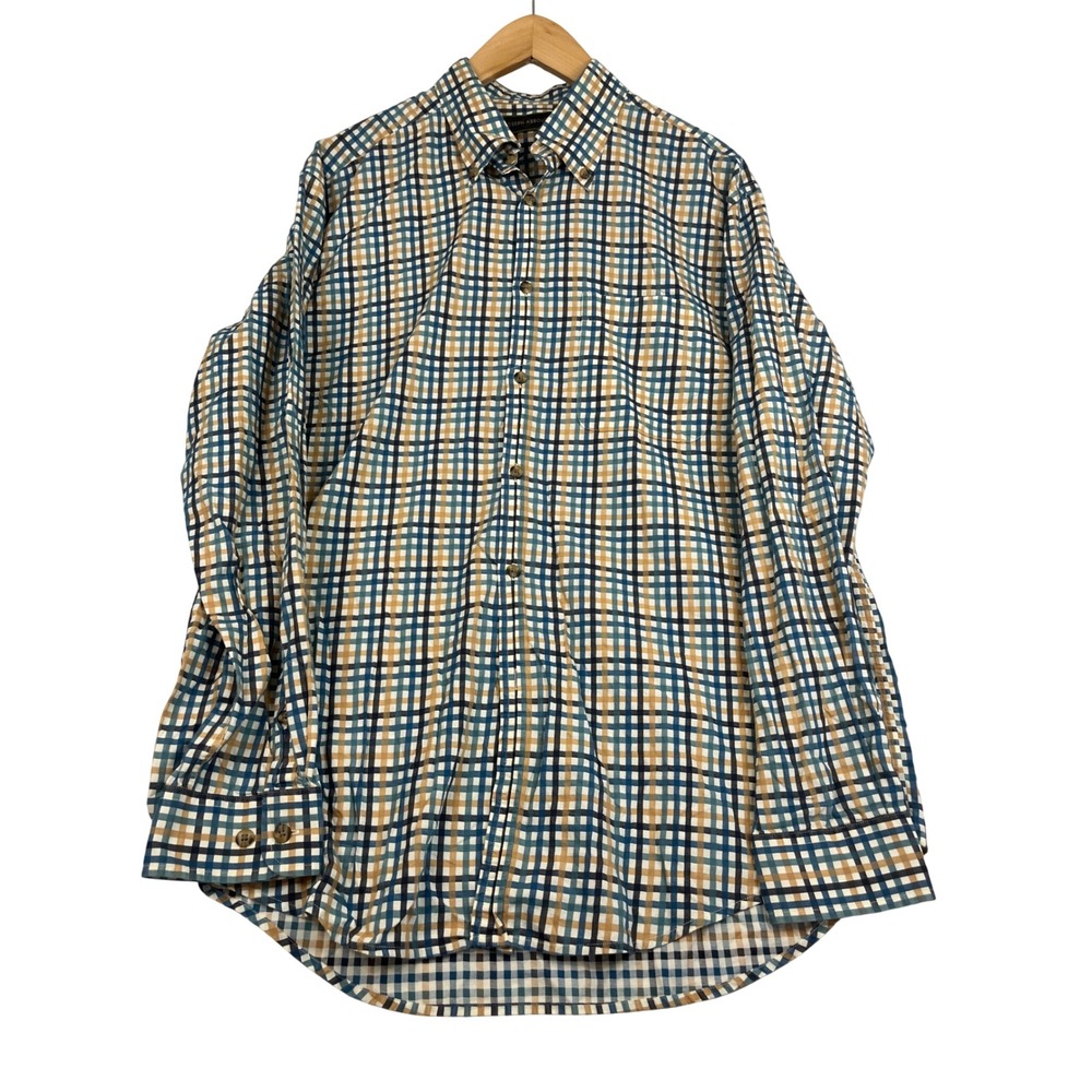 Joseph Abboud Mens Medium Blue Tan Plaid Cotton Button Down Long Sleeve Shirt
